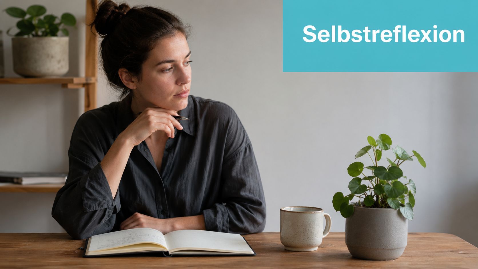 Eine junge Frau sitzt nachdenklich an einem Holztisch mit Notizbuch, Stift, einer Kaffeetasse und zwei Zimmerpflanzen.