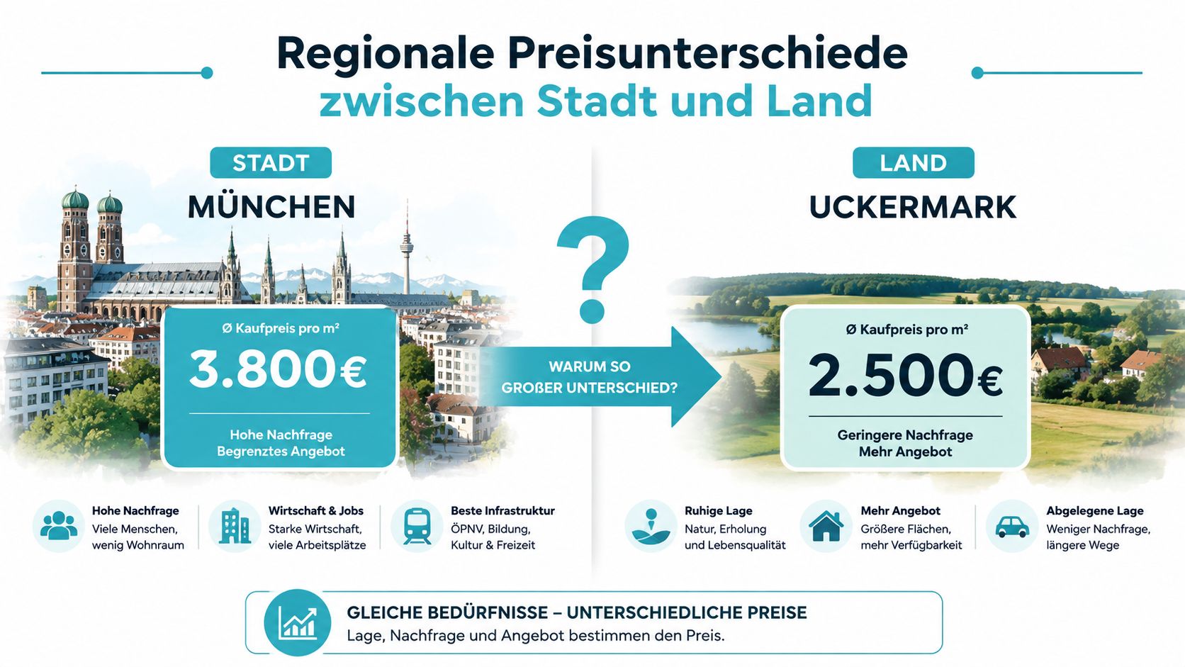 Vergleich der Immobilienpreise zwischen der Stadt München und der ländlichen Region Uckermark mit Erklärungen der Preisunterschiede.