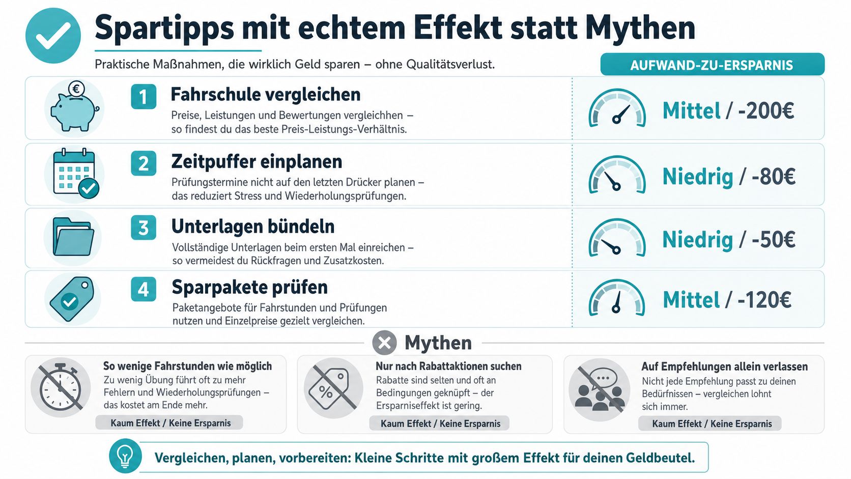 Eine Infografik mit praktischen Tipps zum Geldsparen bei der Fahrschule sowie typischen Mythen und Spar-Empfehlungen.