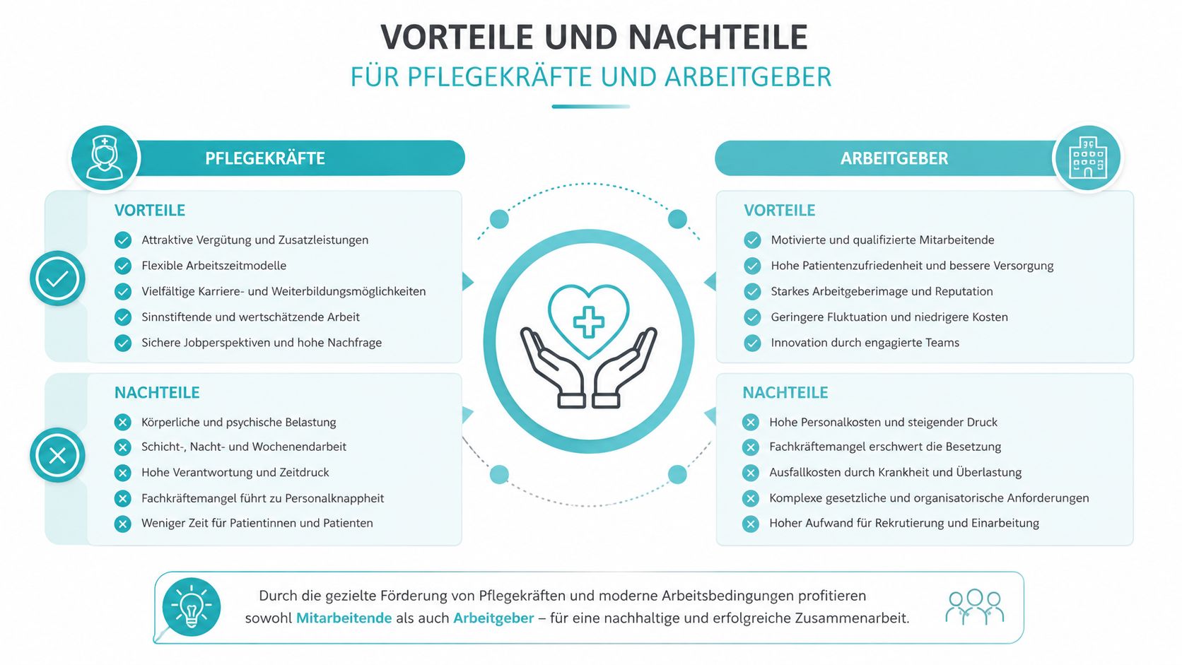 Infografik zeigt die Vor- und Nachteile von Pflegeberufen für Pflegekräfte und Arbeitgeber in einer übersichtlichen Darstellung.