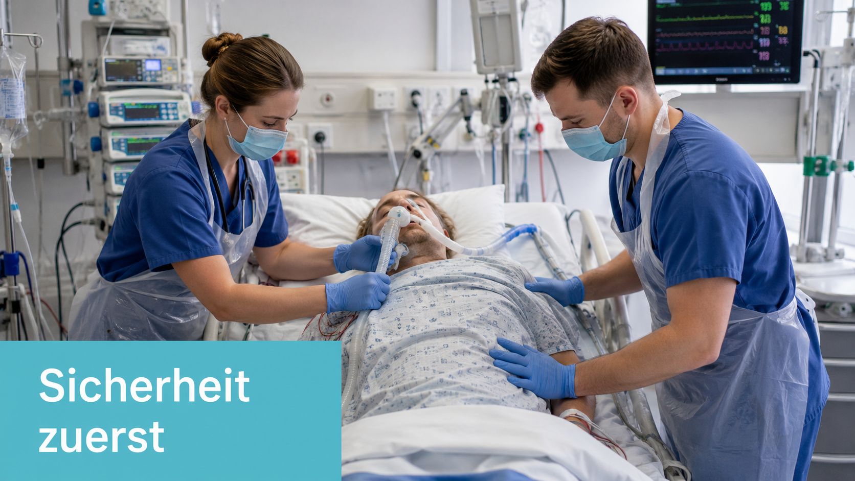 Ein medizinisches Team betreut einen intubierten Patienten auf einer Intensivstation unter Einhaltung strenger Sicherheits- und Hygienemaßnahmen.