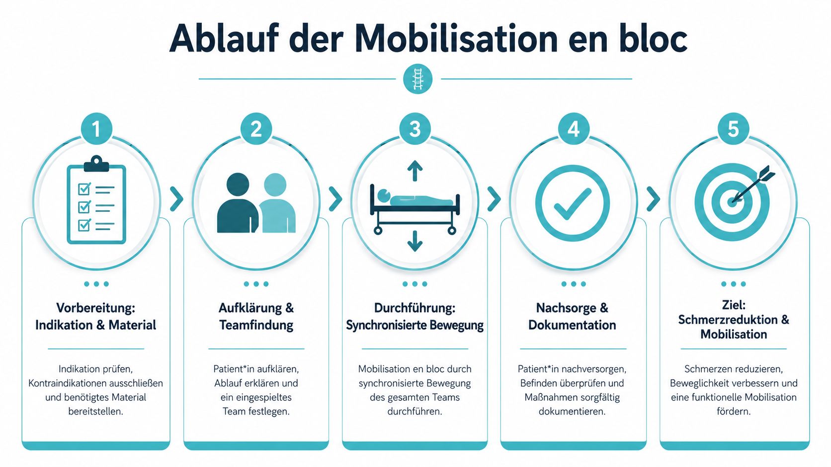 Eine Infografik, die die fünf Schritte der Mobilisation en bloc für Patienten medizinisch verständlich und übersichtlich darstellt.