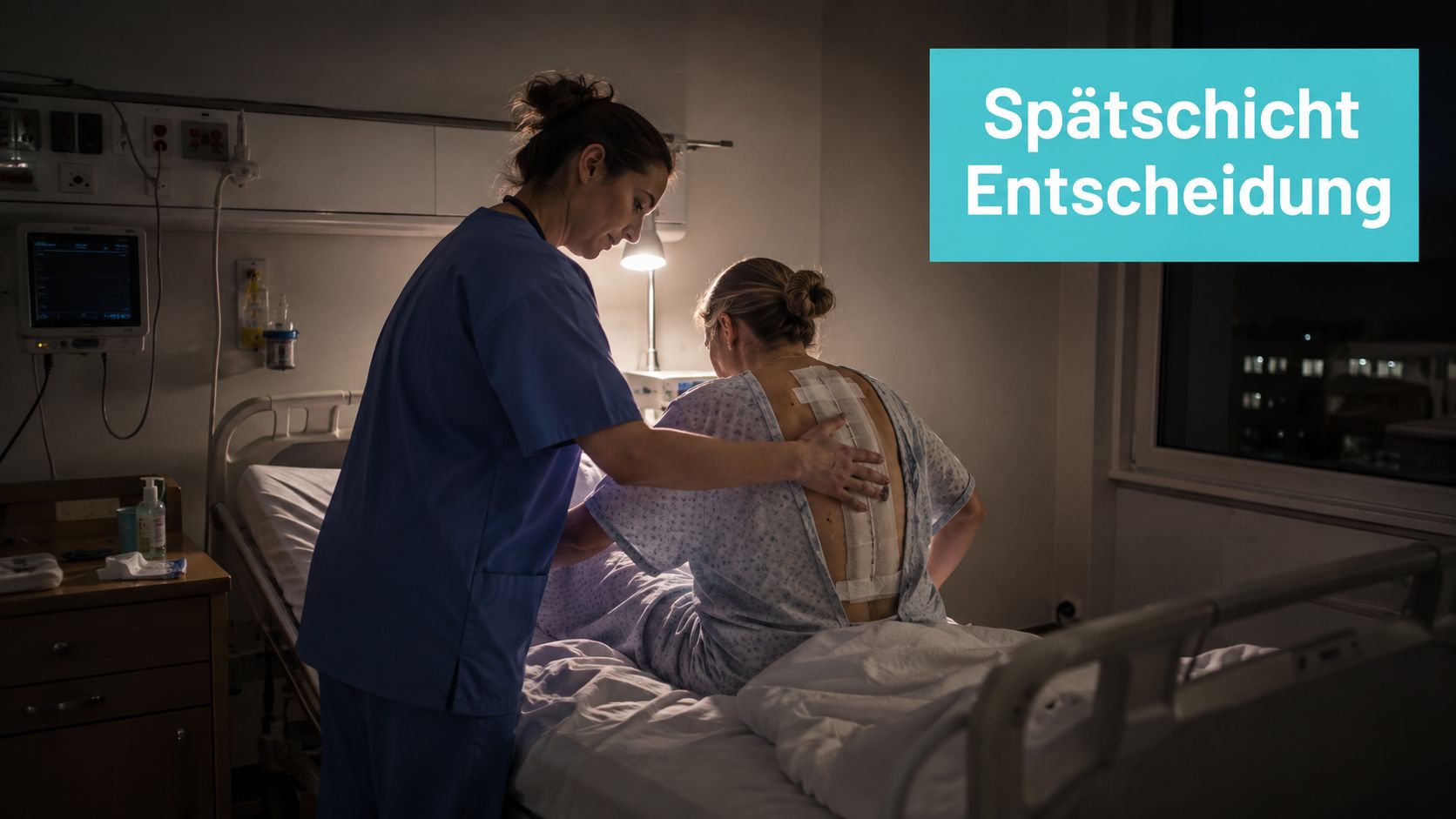 Eine Krankenschwester unterstützt eine Patientin mit einem Rückenverband beim Aufsetzen im Krankenhausbett während der Nachtschicht.