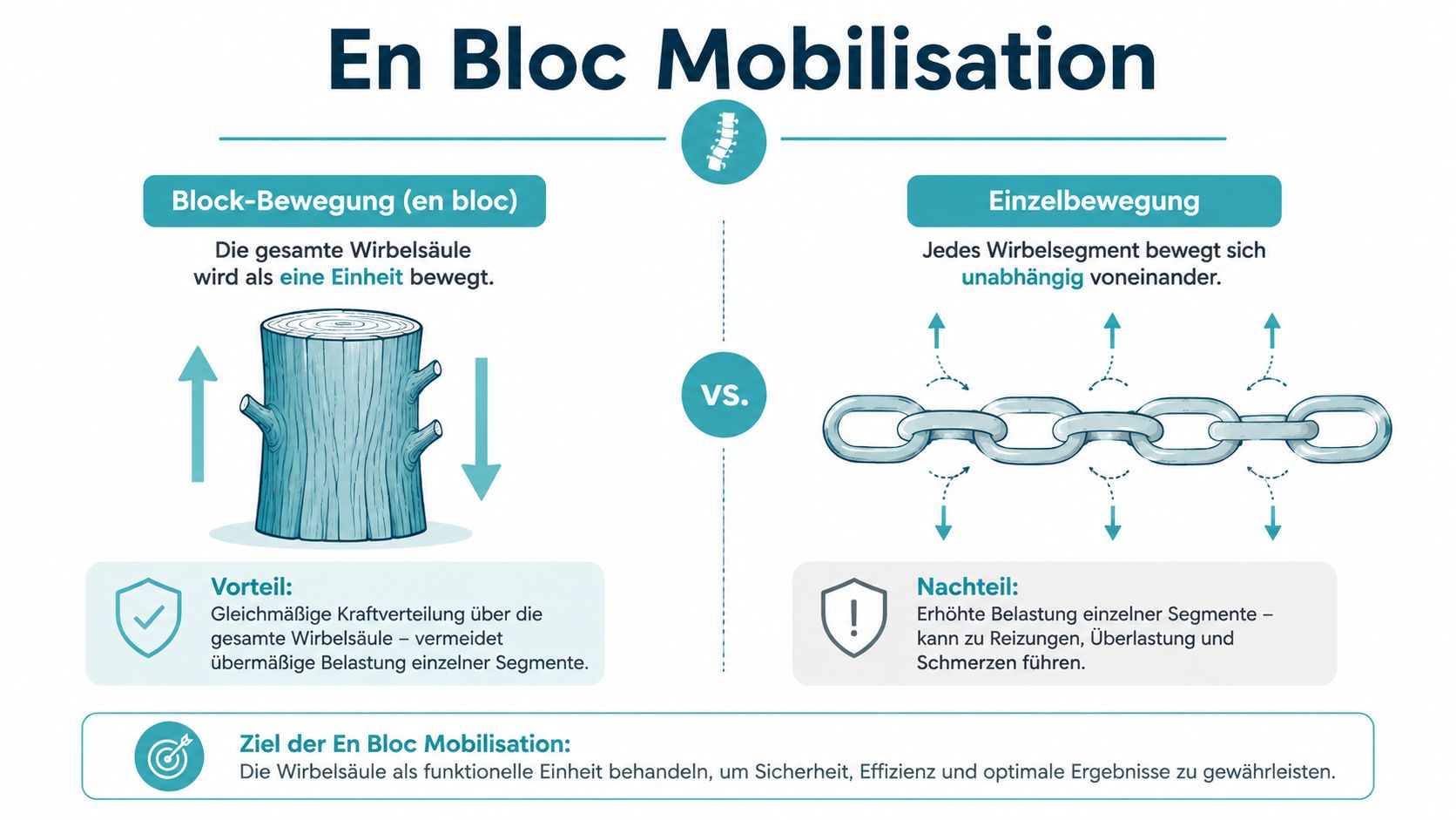 Vergleich zwischen En Bloc Mobilisation der Wirbelsäule als starre Einheit und der Einzelbewegung einzelner Wirbelsegmente zur Schmerzprävention.