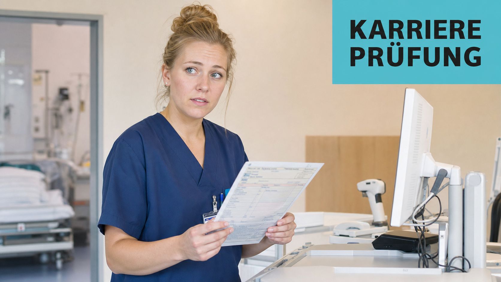 Eine Krankenschwester im blauen Arbeitskittel betrachtet konzentriert ein Dokument während ihrer Arbeit in einem Krankenhaus.