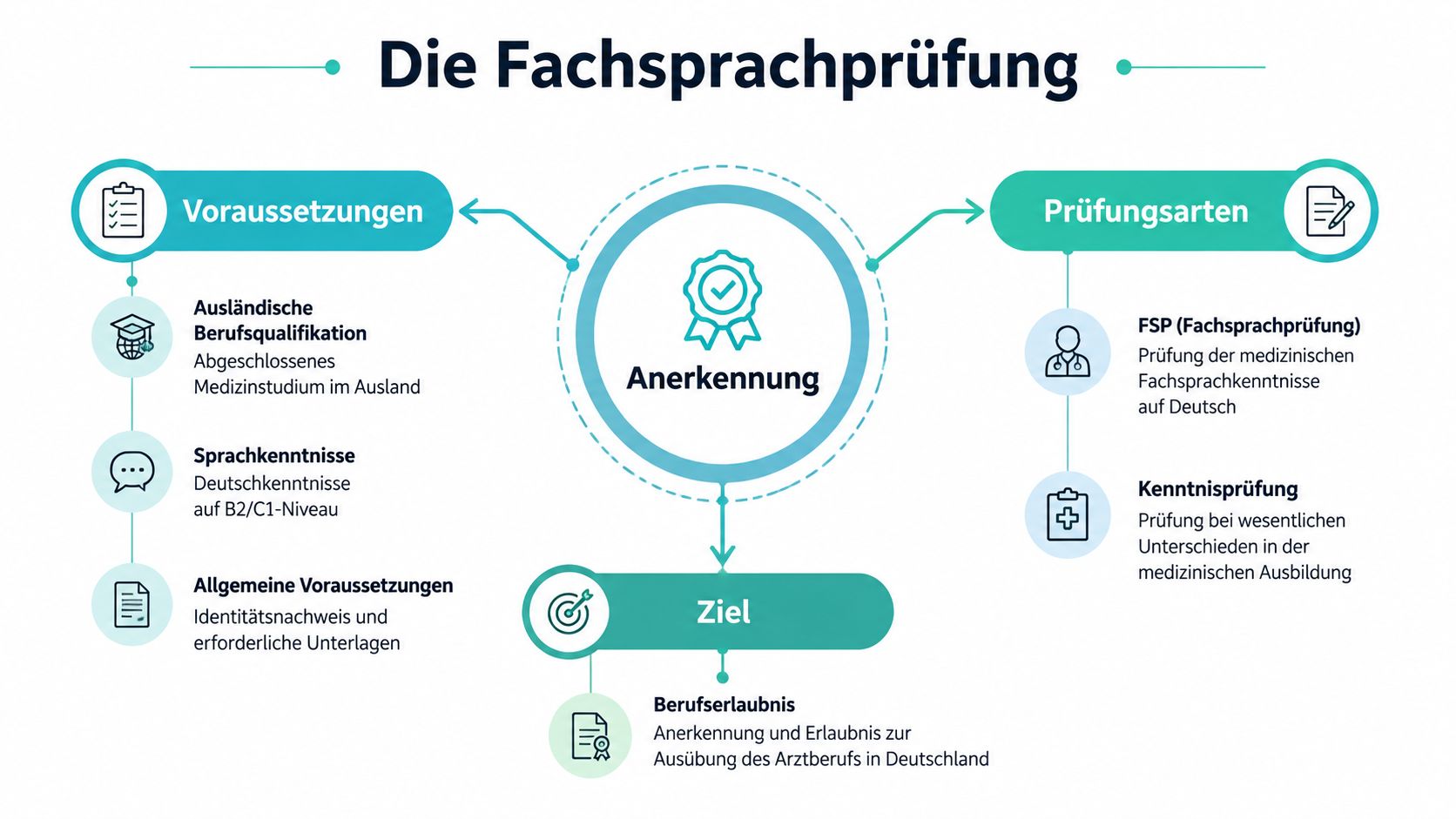 Informationsgrafik zur Fachsprachprüfung für ausländische Ärzte in Deutschland mit Details zu Voraussetzungen, Prüfungsarten und Anerkennungszielen.