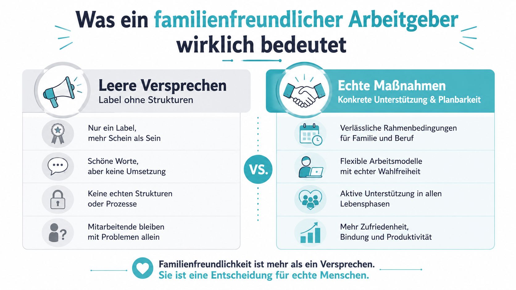 Grafik zum Vergleich zwischen leeren Versprechen und echter Unterstützung durch einen familienfreundlichen Arbeitgeber am Arbeitsplatz.