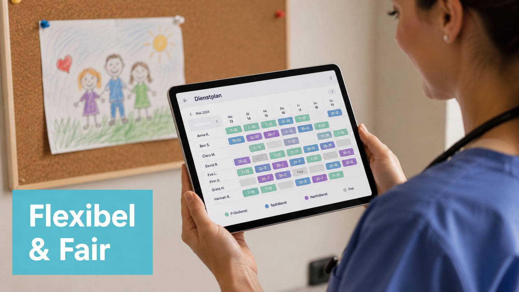 Eine Pflegekraft hält ein Tablet mit einem digitalen Dienstplan in der Hand vor einer Kinderzeichnung.