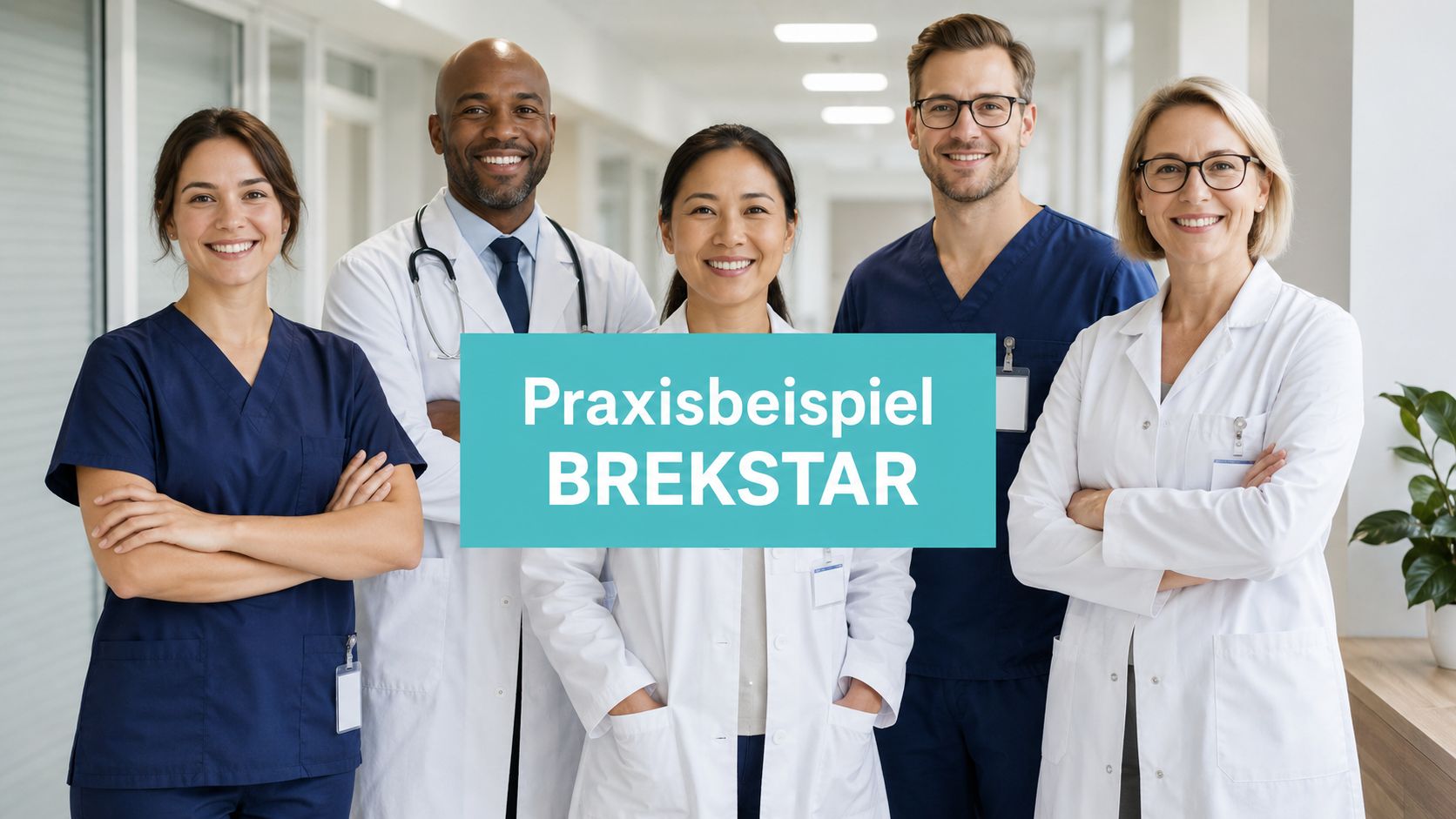 Ein diverses Team aus Ärzten und medizinischem Fachpersonal lächelt gemeinsam in einem hellen, freundlichen Krankenhausflur in die Kamera.