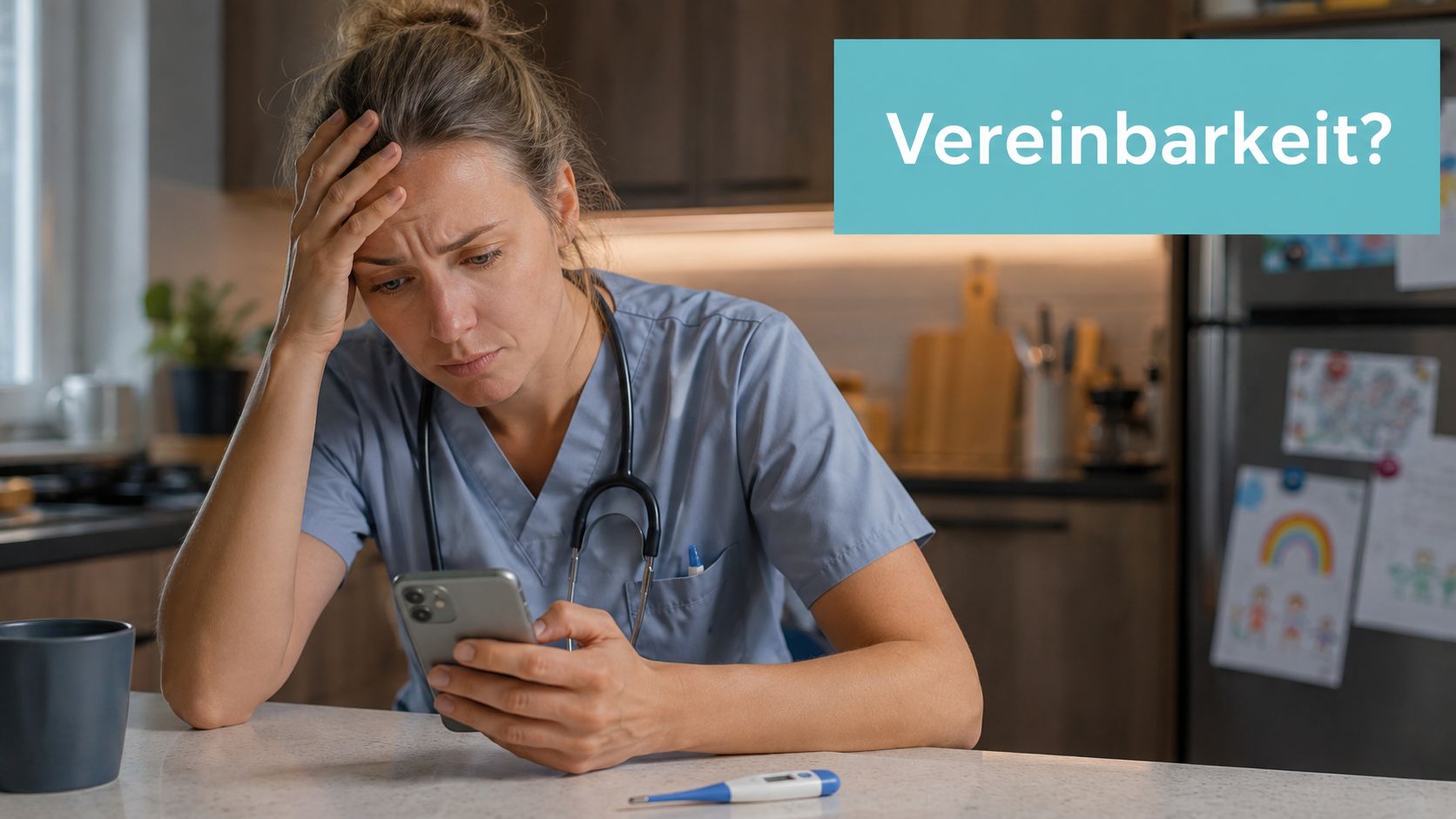 Eine erschöpfte Krankenschwester sitzt am Küchentisch und schaut besorgt auf ihr Smartphone neben einem digitalen Fieberthermometer.