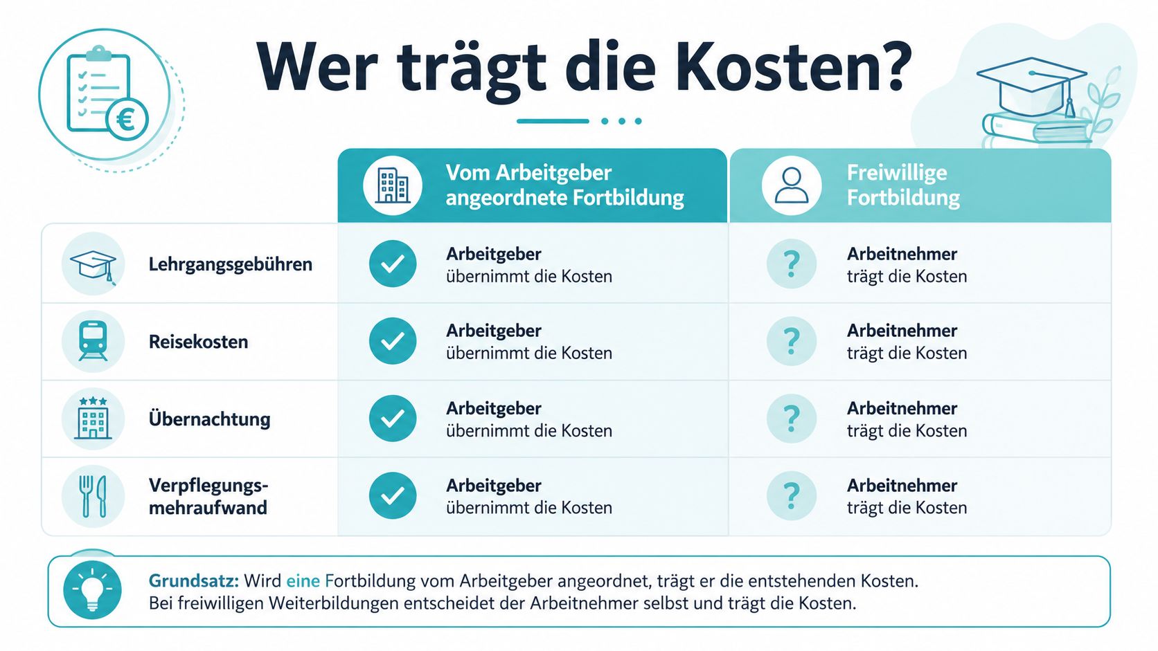 Infografik zeigt die Kostenverteilung bei Fortbildungen zwischen Arbeitgeber und Arbeitnehmer für unterschiedliche Kategorien wie Lehrgangsgebühren.