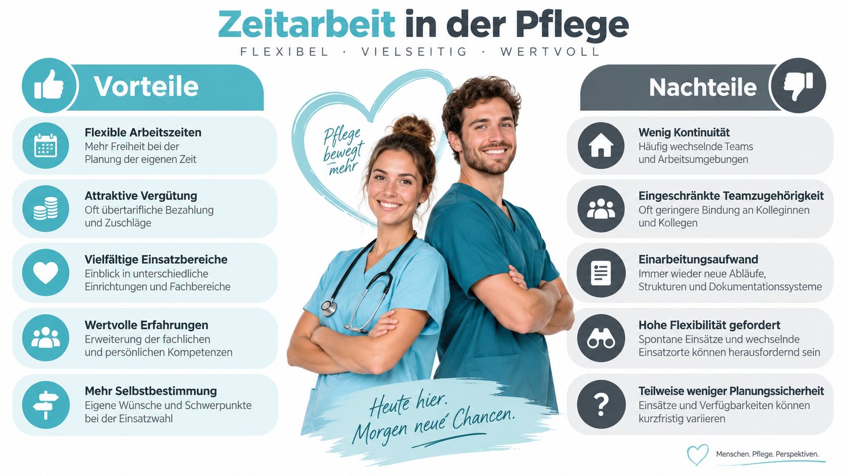 Eine Infografik über die Vor- und Nachteile der Zeitarbeit in der Pflege mit lächelnden Pflegekräften.