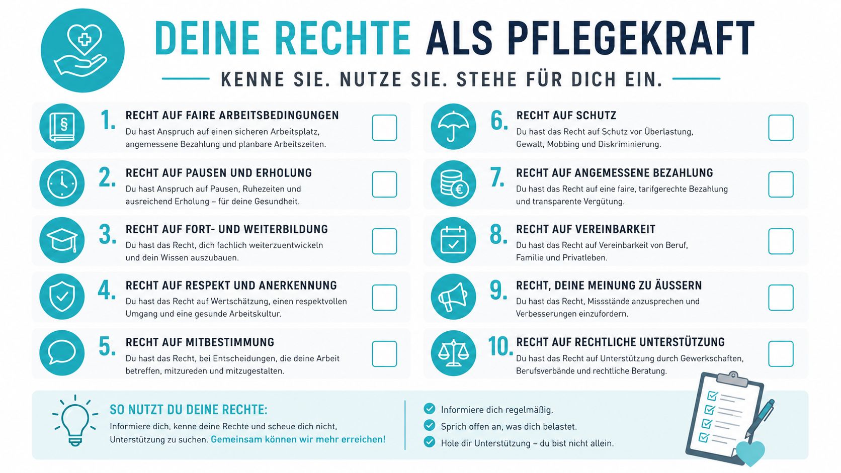 Eine Infografik mit zehn Rechten für Pflegekräfte, um faire Arbeitsbedingungen, Respekt und Unterstützung am Arbeitsplatz zu verdeutlichen.