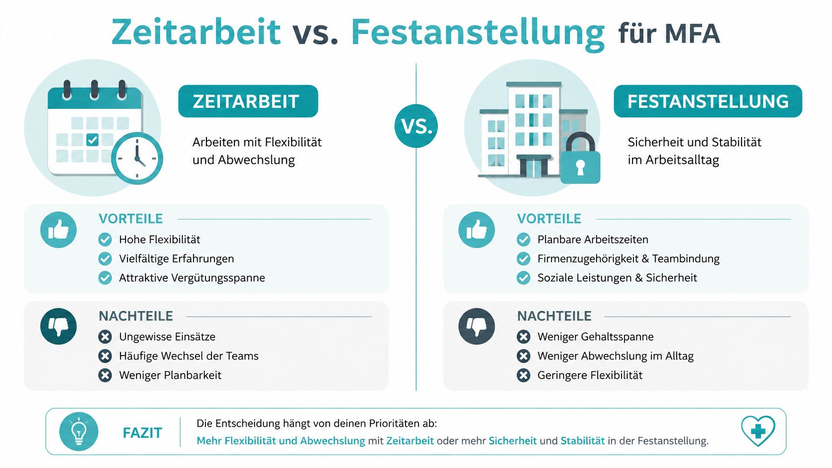 Infografik zum Vergleich zwischen Zeitarbeit und Festanstellung für medizinische Fachangestellte mit Vor- und Nachteilen beider Arbeitsmodelle.