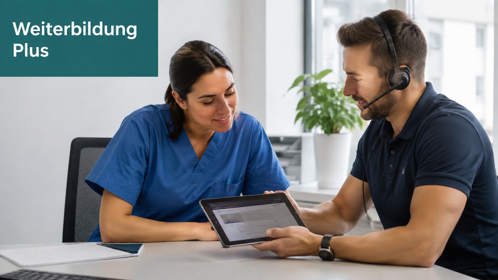 Eine Frau in blauer Arbeitskleidung und ein Mann mit Headset betrachten gemeinsam Inhalte auf einem Tablet.