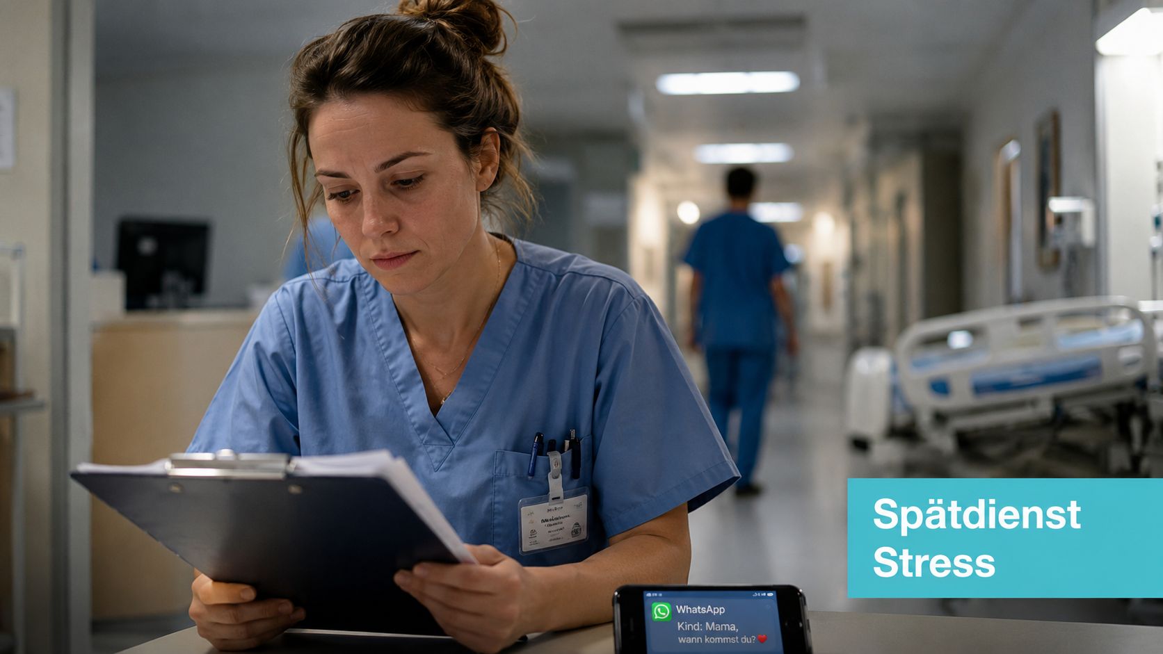 Eine erschöpfte Krankenschwester im Krankenhaus liest Unterlagen, während eine Nachricht ihres Kindes auf ihrem Smartphone erscheint.