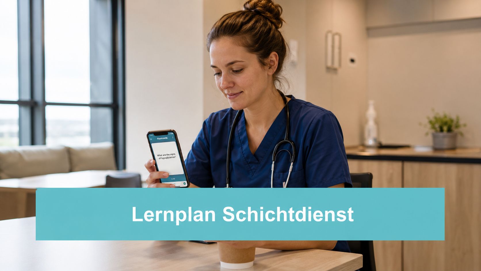 Eine junge Krankenschwester lernt mit einer App auf ihrem Smartphone und trinkt einen Kaffee am Tisch.