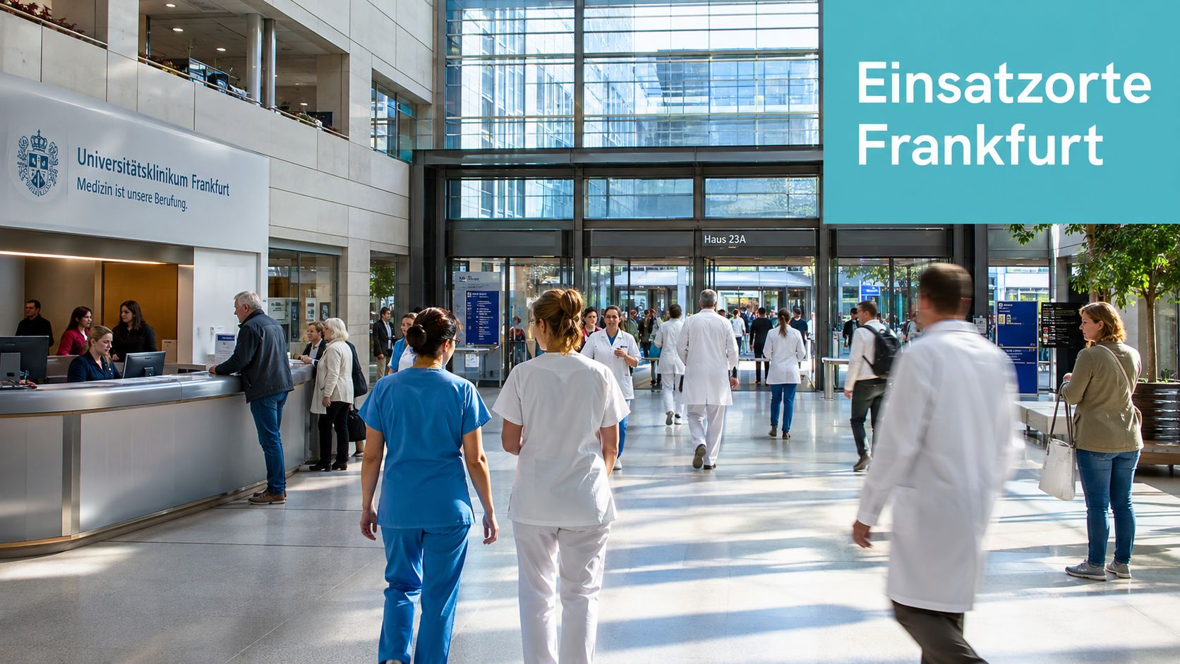 Ein belebter Eingangsbereich des Universitätsklinikums Frankfurt mit medizinischem Personal und Patienten in einem modernen Klinikgebäude.