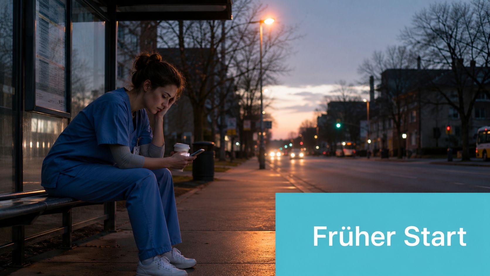 Eine erschöpfte Krankenschwester in Arbeitskleidung wartet in der frühen Dämmerung an einer Bushaltestelle auf den Bus.