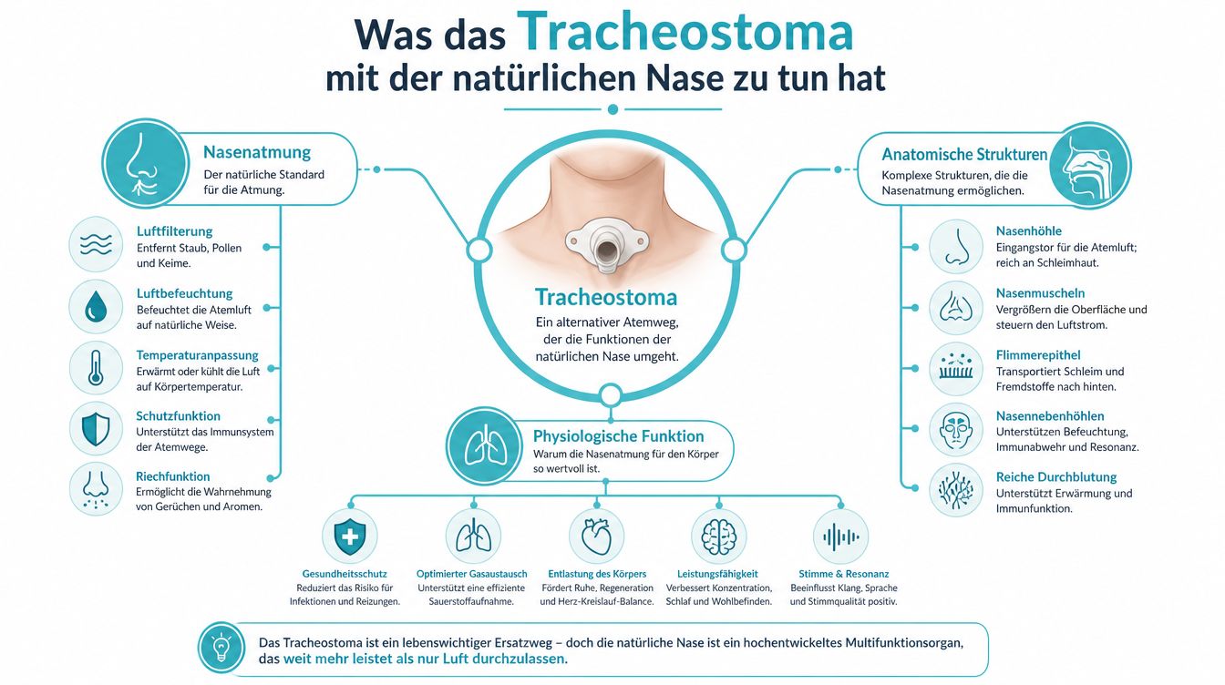 Infografik über die physiologische Bedeutung der natürlichen Nasenatmung im Vergleich zum medizinischen Tracheostoma als alternativer Atemweg.
