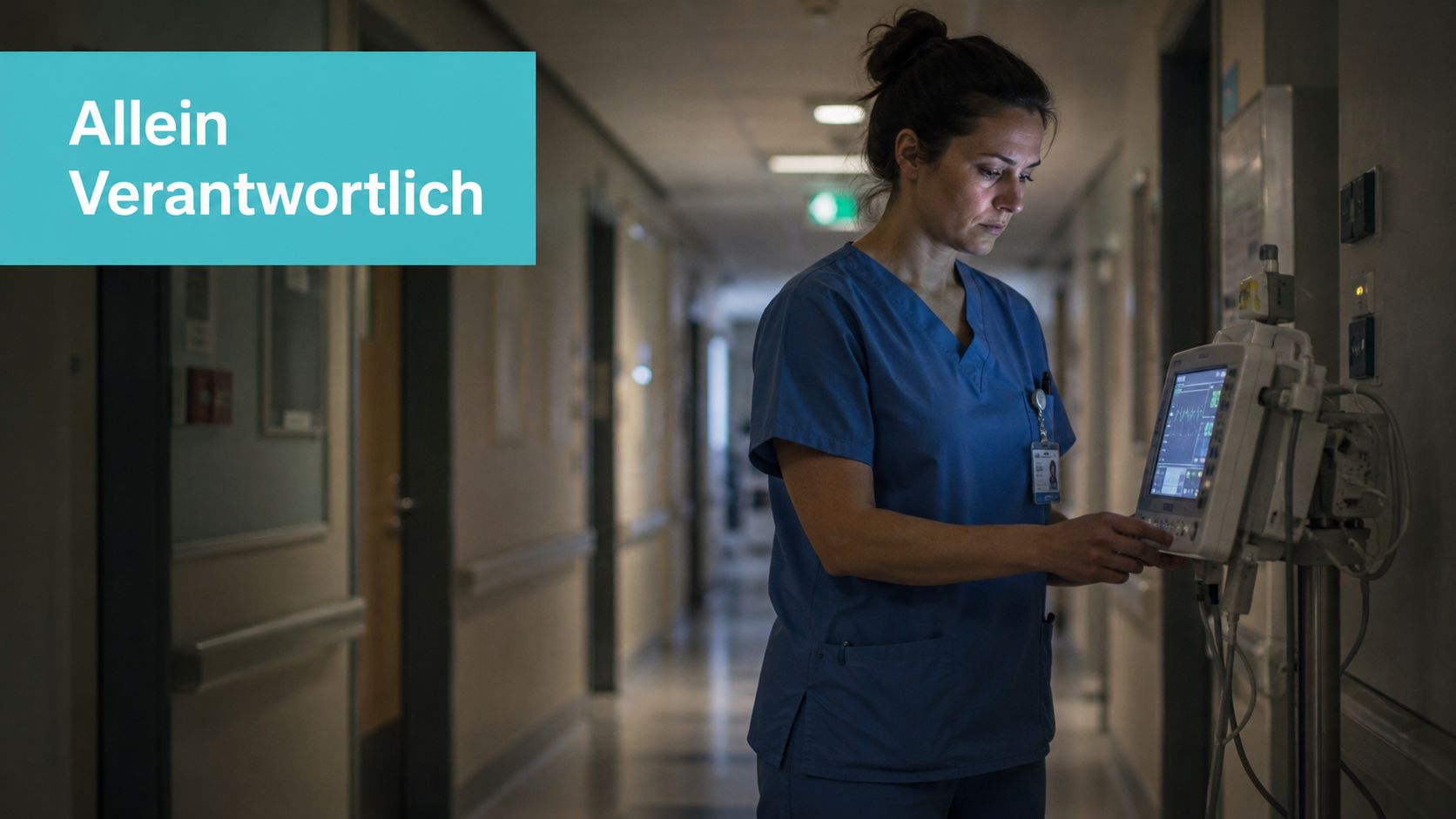 Eine Krankenschwester im blauen Arbeitsoutfit überwacht während des Nachtdienstes im Krankenhaus medizinische Geräte auf einem Flur.