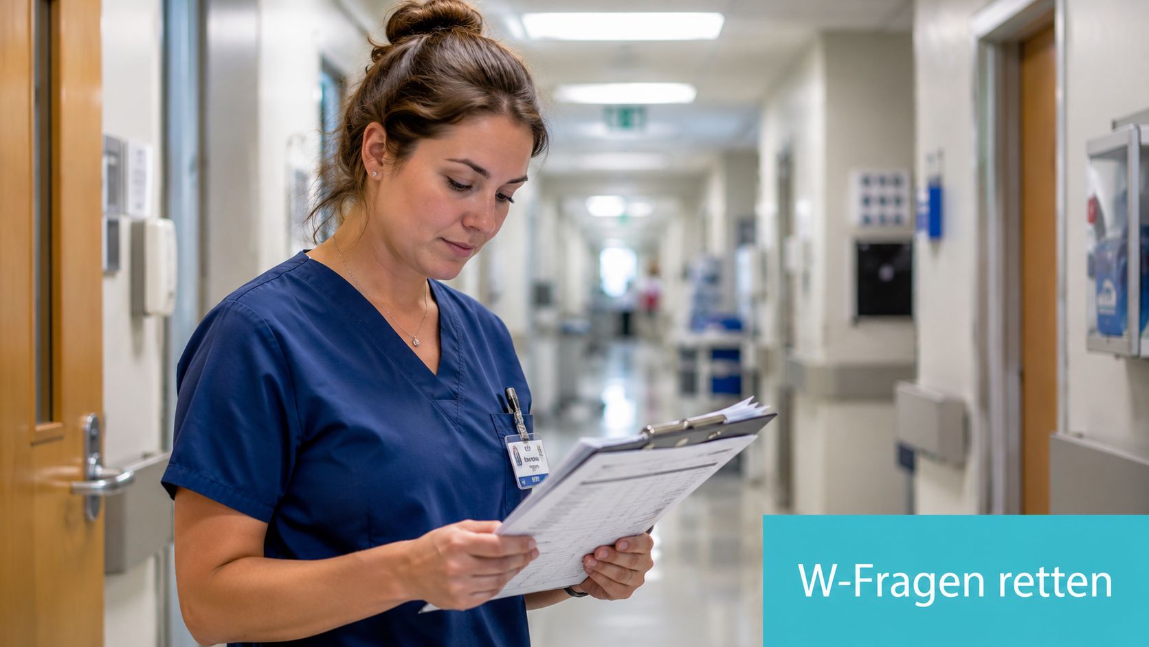 Eine junge Krankenschwester liest konzentriert eine Patientenakte in einem hellen Flur eines Krankenhauses.
