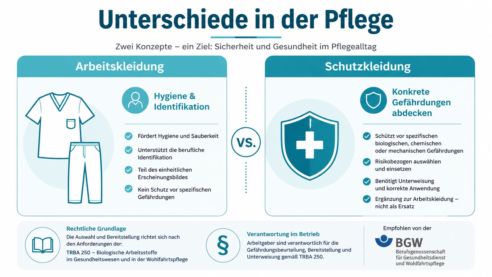 Eine Infografik erklärt die Unterschiede zwischen Arbeitskleidung und Schutzkleidung in der Pflege im Arbeitsalltag.