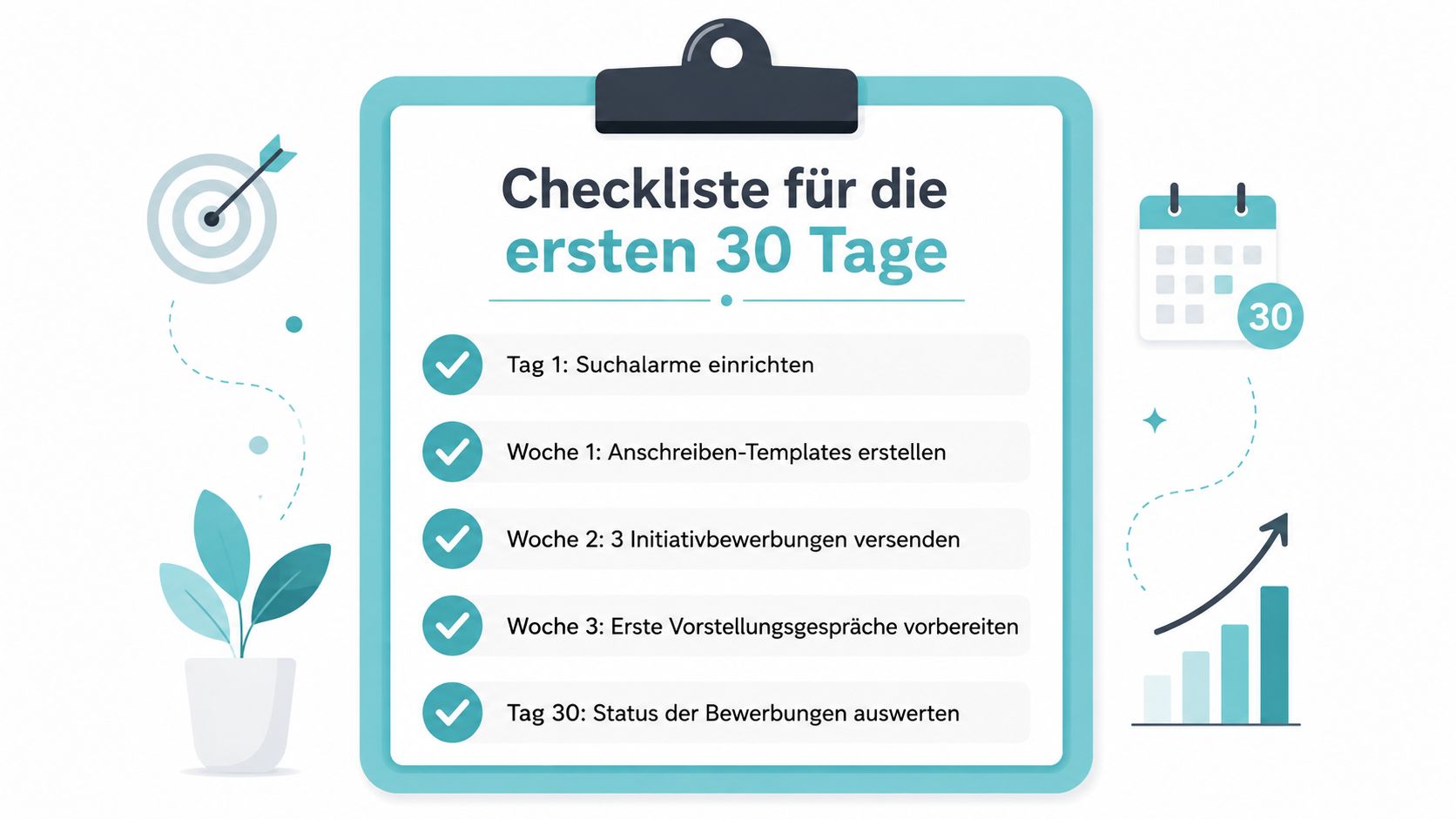 Eine illustrierte Checkliste mit Aufgaben für die ersten 30 Tage der Jobsuche auf einem Klemmbrett.