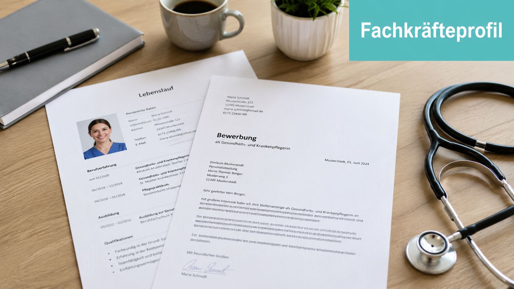 Ein Bewerbungsschreiben und Lebenslauf einer Gesundheits- und Krankenpflegerin liegen ordentlich auf einem Schreibtisch mit einem Stethoskop.