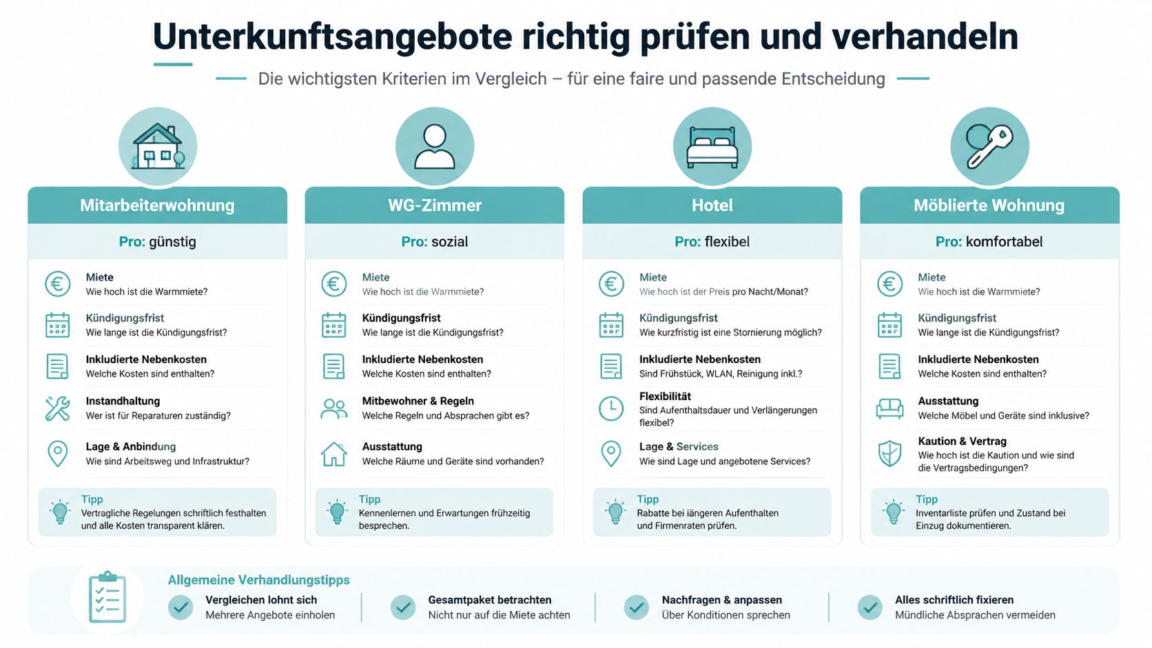 Eine Infografik mit Vergleichskriterien für verschiedene Unterkunftsarten wie Mitarbeiterwohnungen, WG-Zimmer, Hotels und möblierte Wohnungen.