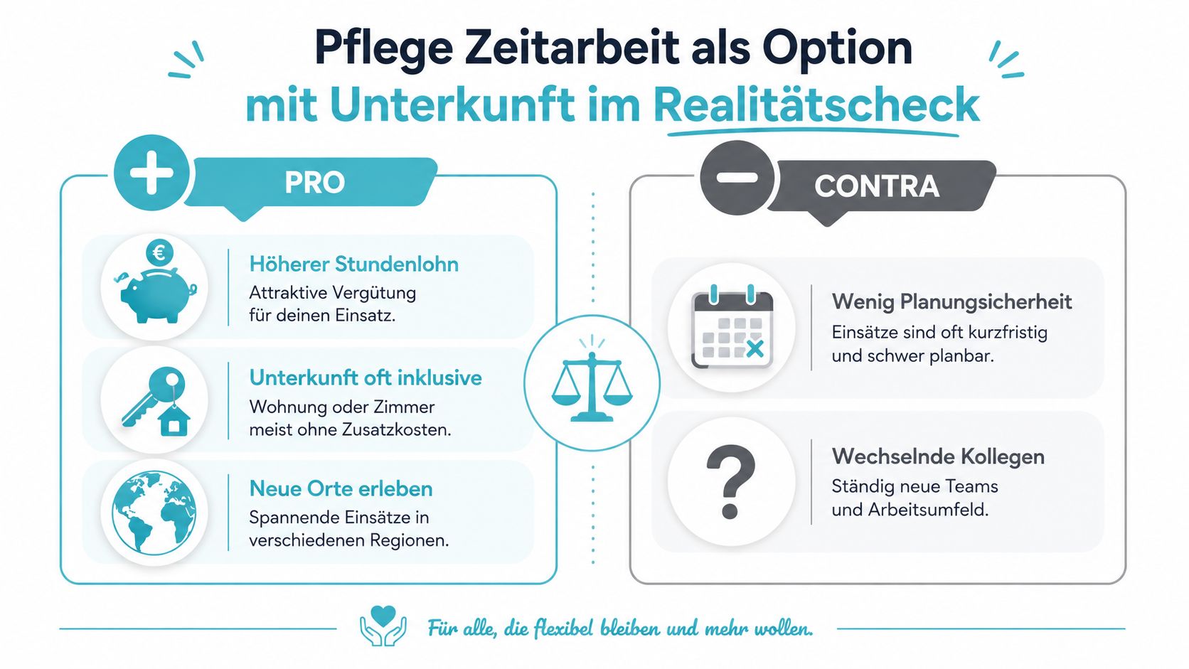 Infografik zeigt Vor- und Nachteile von Zeitarbeit in der Pflege mit Unterkunftsoption im direkten Vergleich.