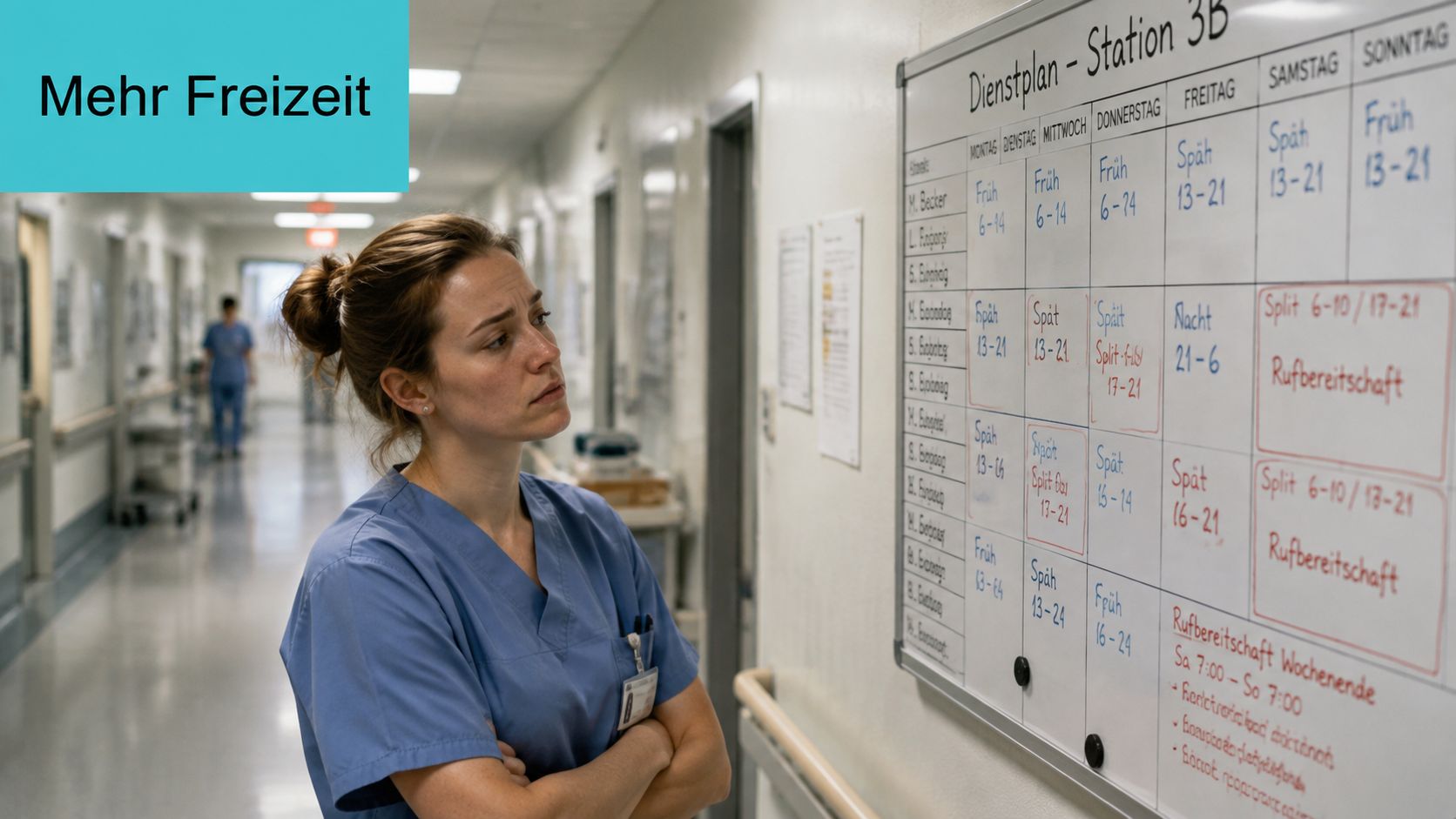 Eine erschöpfte Krankenschwester schaut in einem Krankenhausflur skeptisch auf einen Dienstplan an der Wand.