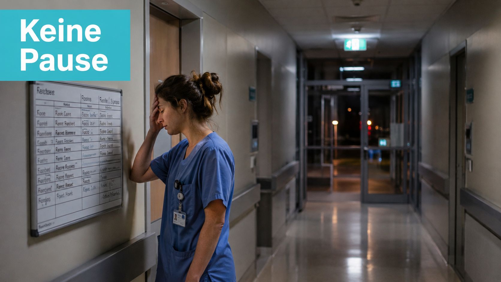 Eine erschöpfte Krankenschwester steht nachts in einem Krankenhausflur und hält sich nachdenklich oder müde den Kopf.