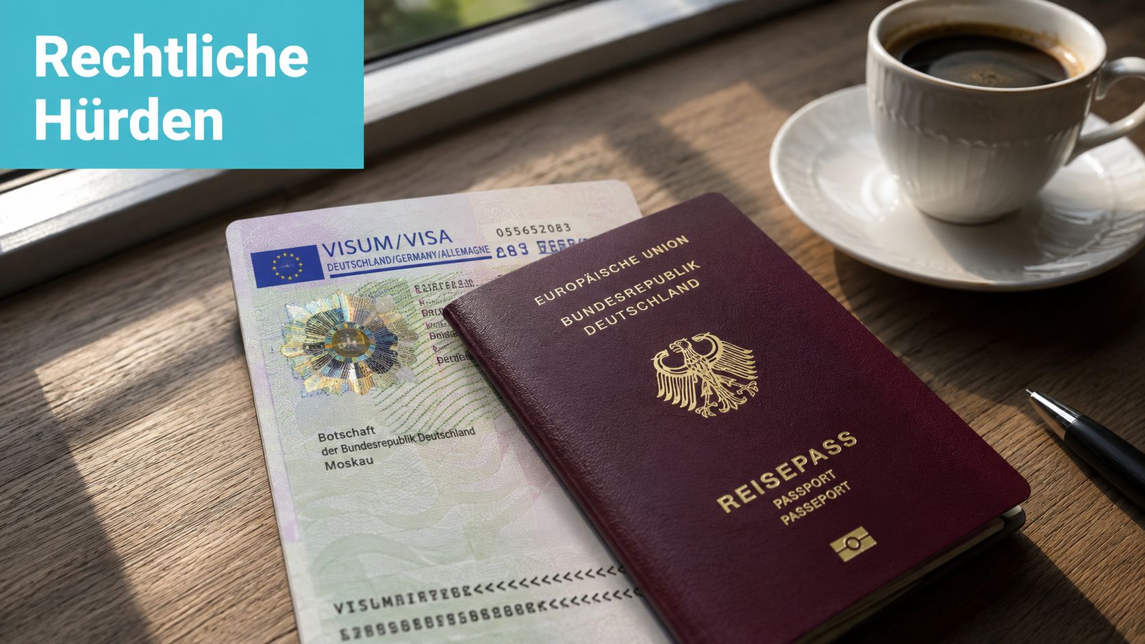 Ein deutscher Reisepass liegt neben einem Visum auf einem Holztisch neben einer Tasse Kaffee.