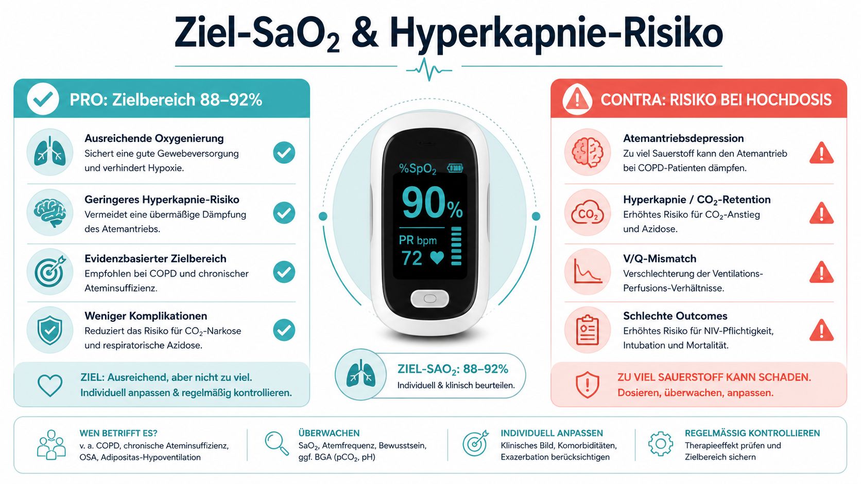 Eine Infografik erklärt die Risiken und Ziele bei der Sauerstofftherapie von COPD-Patienten zur Vermeidung von Hyperkapnie.