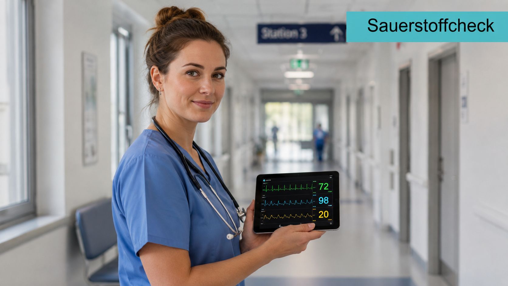 Eine Krankenschwester hält in einem Krankenhausflur ein Tablet mit angezeigten Vitalwerten, wie Herzfrequenz und Sauerstoffsättigung, in den Händen.