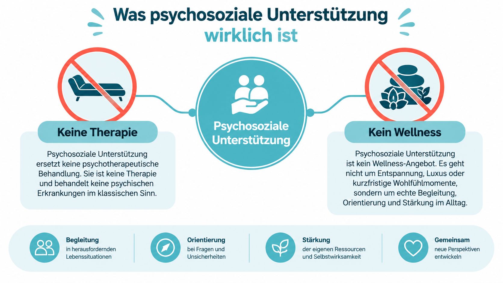 Infografik zur Erklärung von psychosozialer Unterstützung, die abgrenzt, dass sie weder eine Therapie noch ein Wellness-Angebot darstellt.