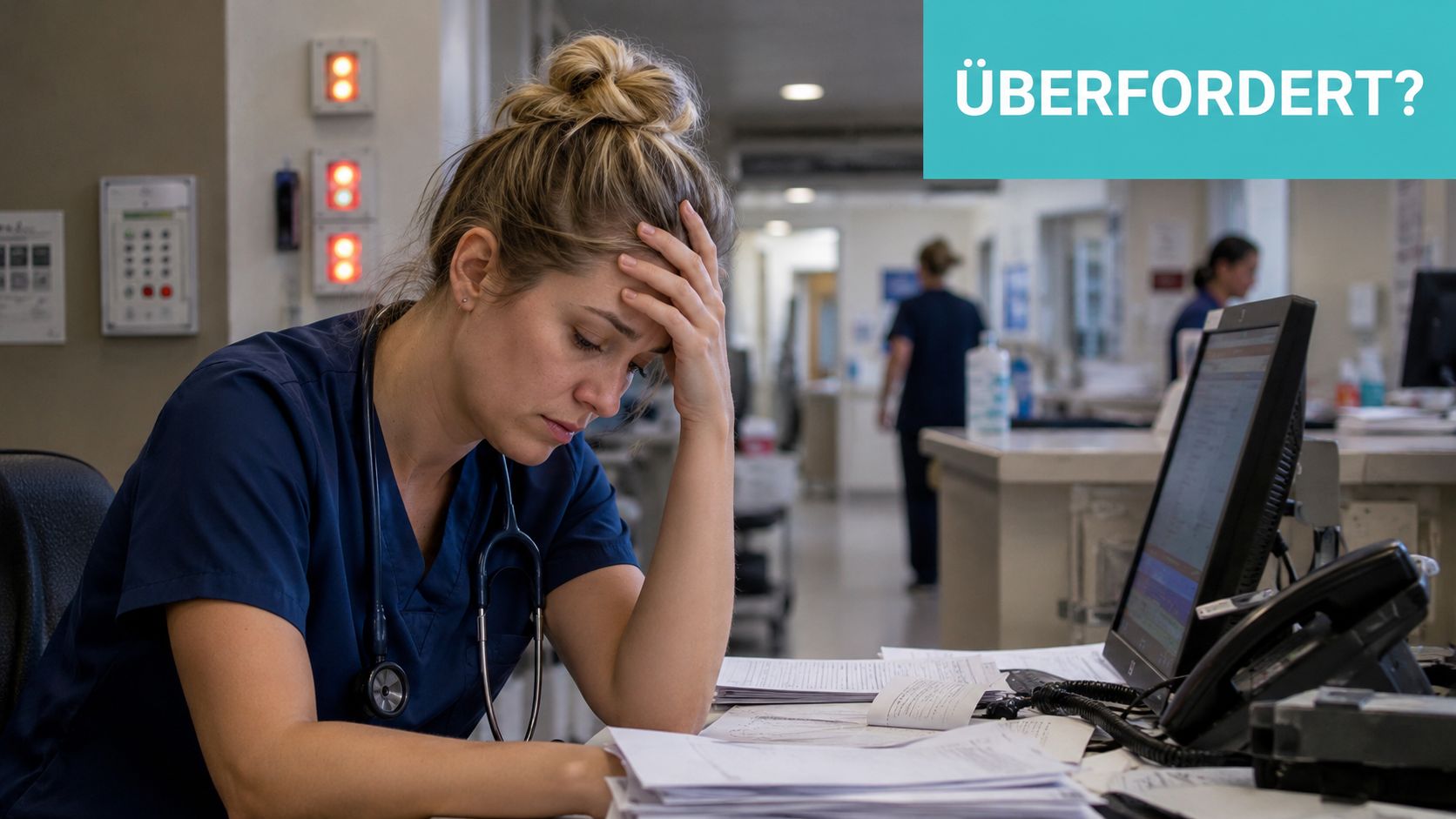 Eine erschöpfte Krankenschwester sitzt an ihrem Schreibtisch im Krankenhaus und hält sich den Kopf vor Stress.