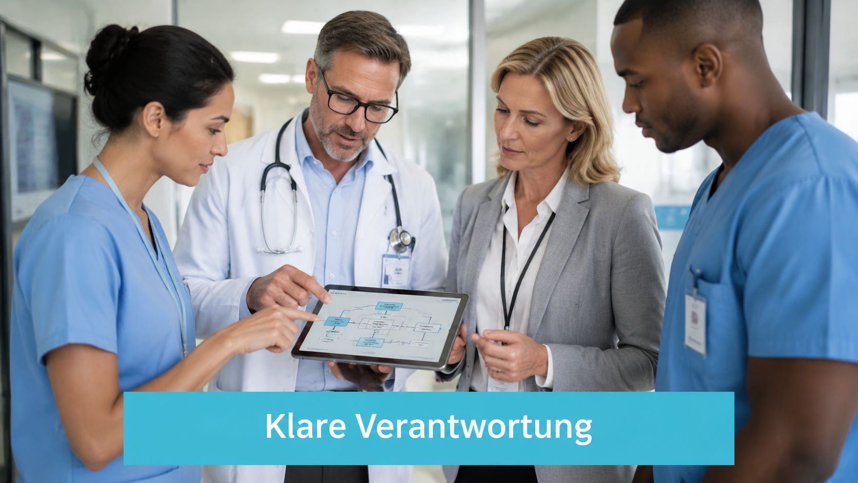Ein Ärzteteam bespricht gemeinsam an einem Tablet die Verantwortlichkeiten in einem klinischen Prozess für das Risikomanagement.