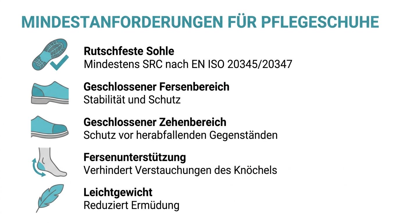 Eine grafische Übersicht der Mindestanforderungen für Schuhe in der Pflege, dargestellt mit Piktogrammen und kurzen Erklärungen.