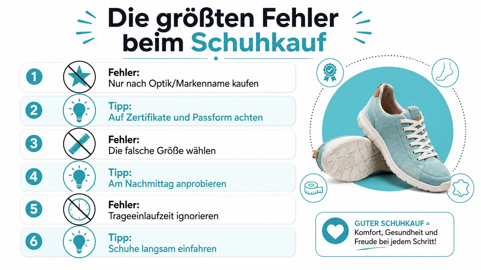 Eine Infografik mit Tipps und Fehlern für den richtigen Schuhkauf, inklusive eines blauen Sneakers im Bild.
