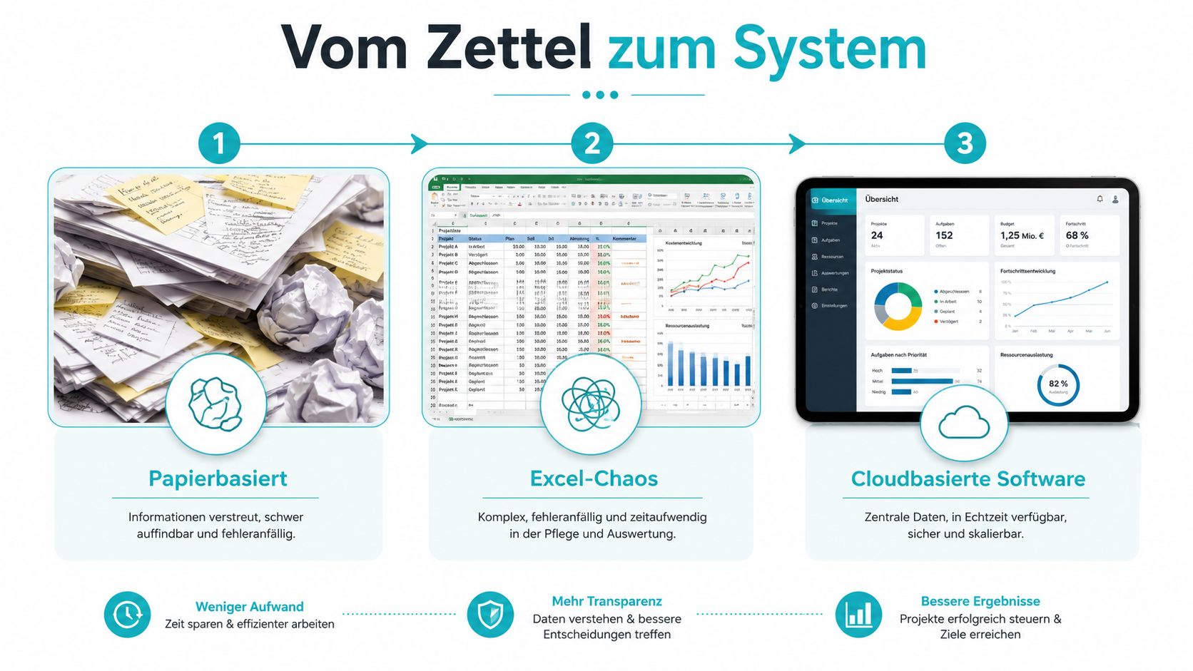 Eine Infografik zeigt den Wandel von papierbasierten Notizen über Excel-Tabellen hin zu moderner, cloudbasierter Projektmanagement-Software.