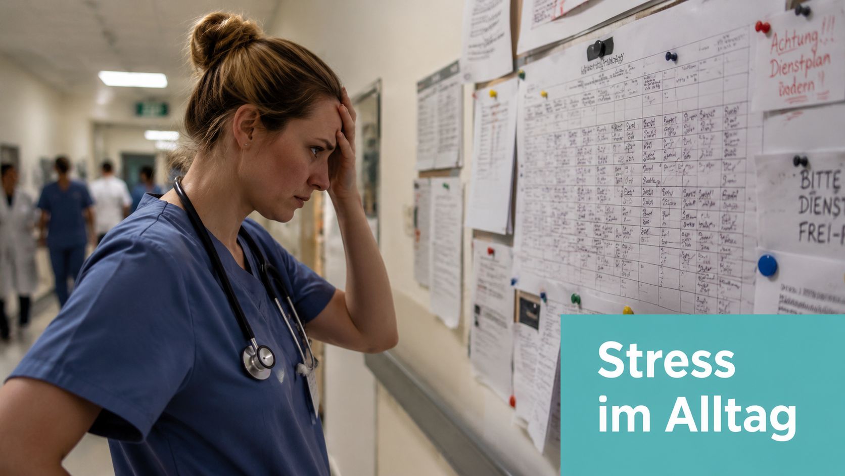 Eine erschöpfte Krankenschwester schaut gestresst auf einen Dienstplan an einer Krankenhauswand in einem Klinikflur.