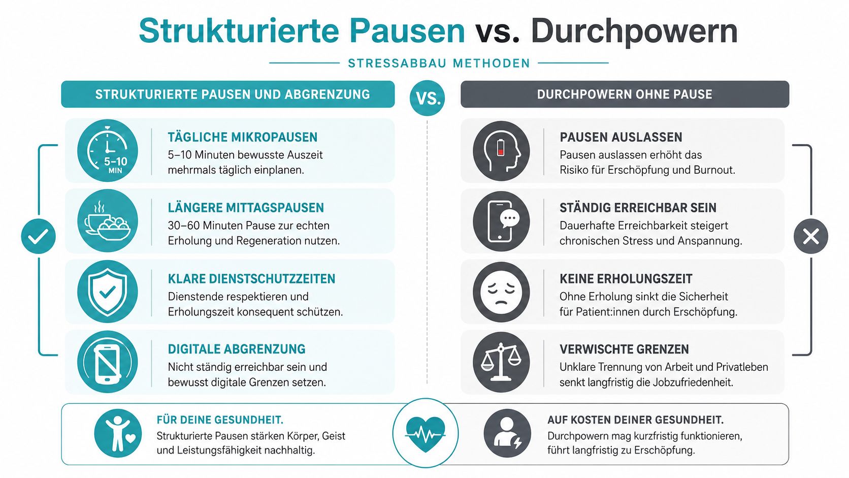 Infografik zum Vergleich von strukturierten Pausen und Durchpowern sowie deren Auswirkungen auf die Gesundheit am Arbeitsplatz.