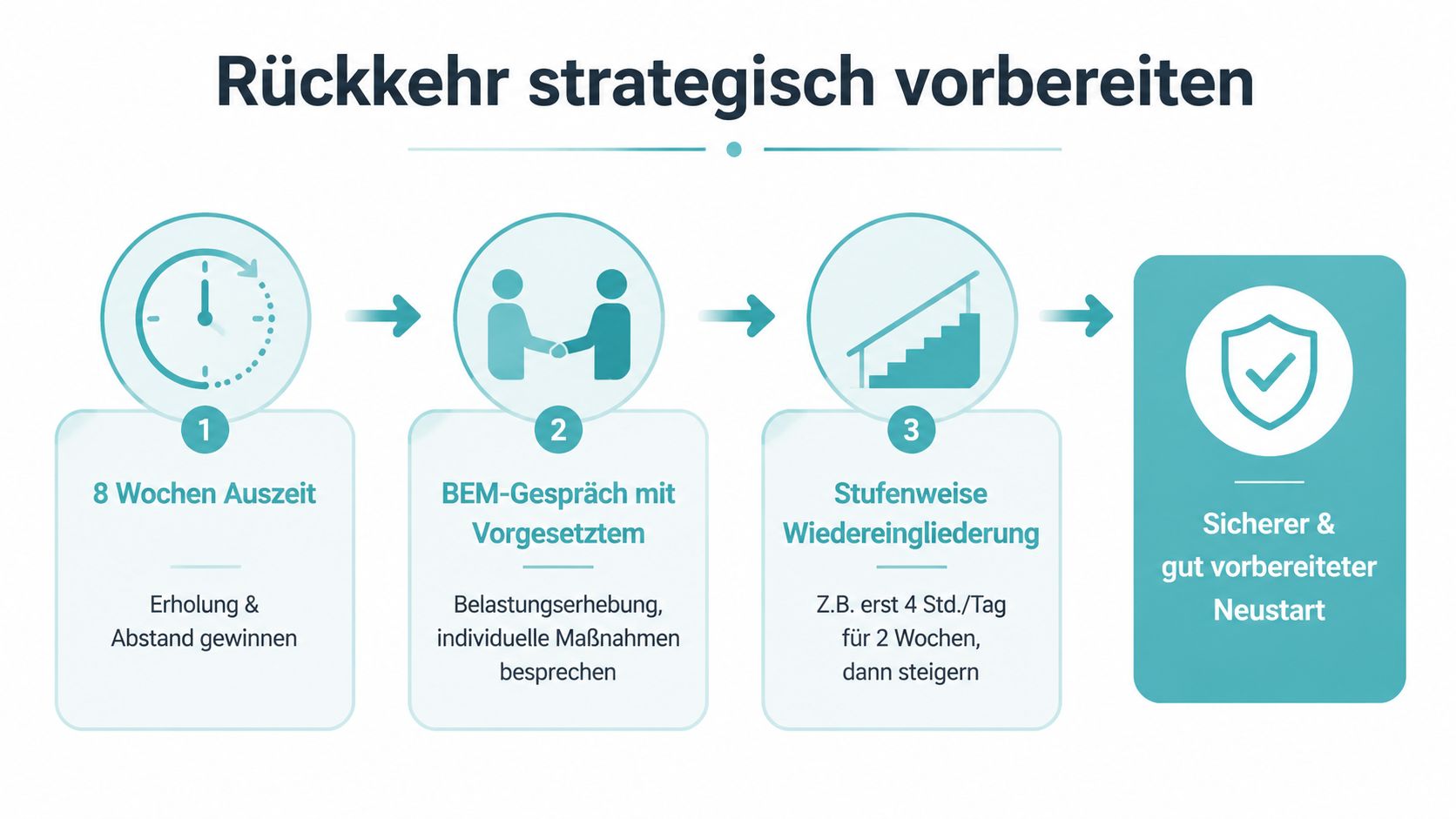 Strategische Vorbereitung der Rückkehr nach einer Auszeit durch BEM-Gespräche und stufenweise Wiedereingliederung in den Arbeitsalltag.