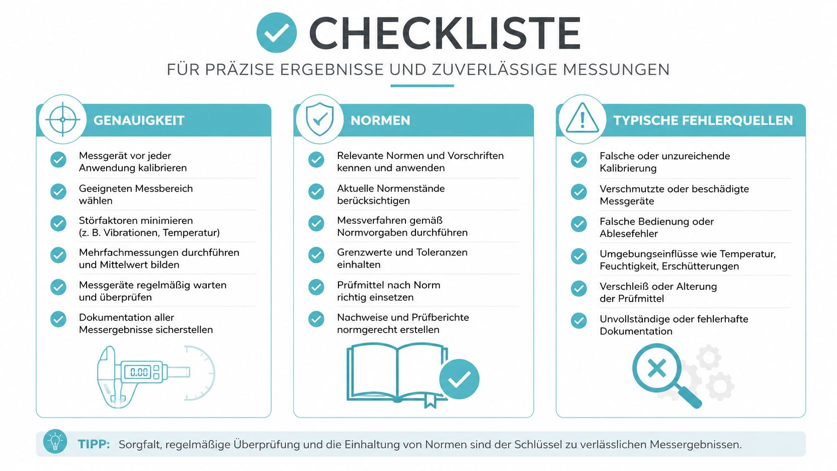 Eine Checkliste für präzise Messergebnisse mit Tipps zu Genauigkeit, Normen und typischen Fehlerquellen bei Messungen.