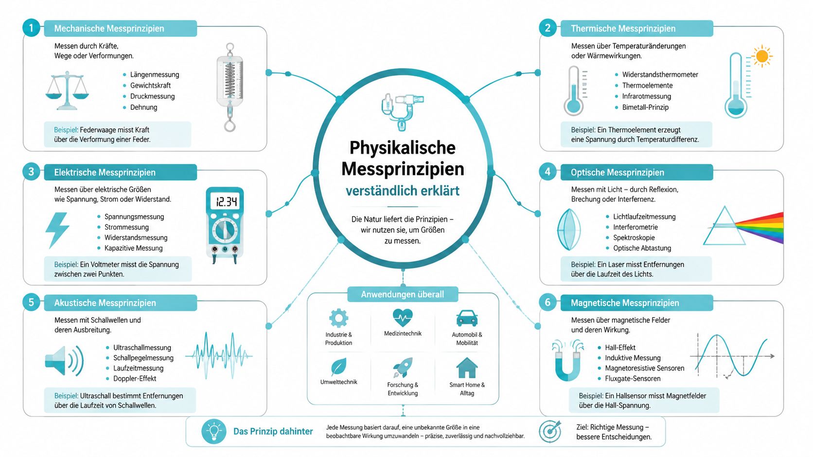 Übersichtsgrafik zu physikalischen Messprinzipien unterteilt in mechanische, thermische, elektrische, optische, akustische und magnetische Verfahren sowie deren Anwendungsgebiete.