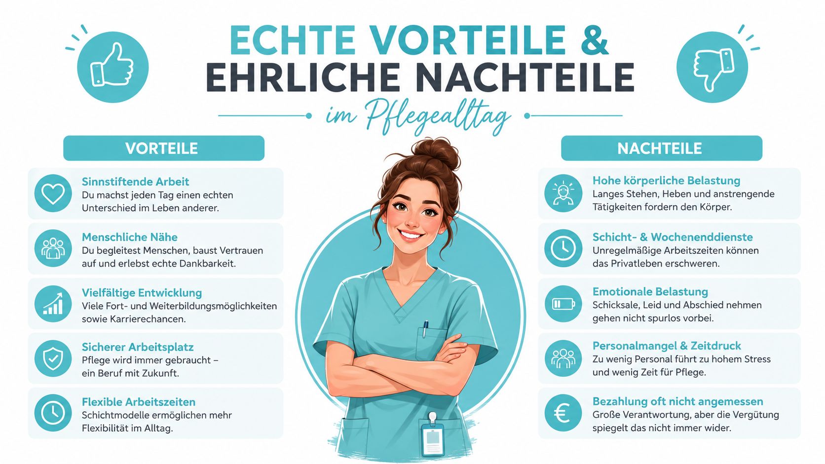 Eine Infografik, die die Vor- und Nachteile des Berufs im Gesundheitswesen mit einer Pflegerin zeigt.