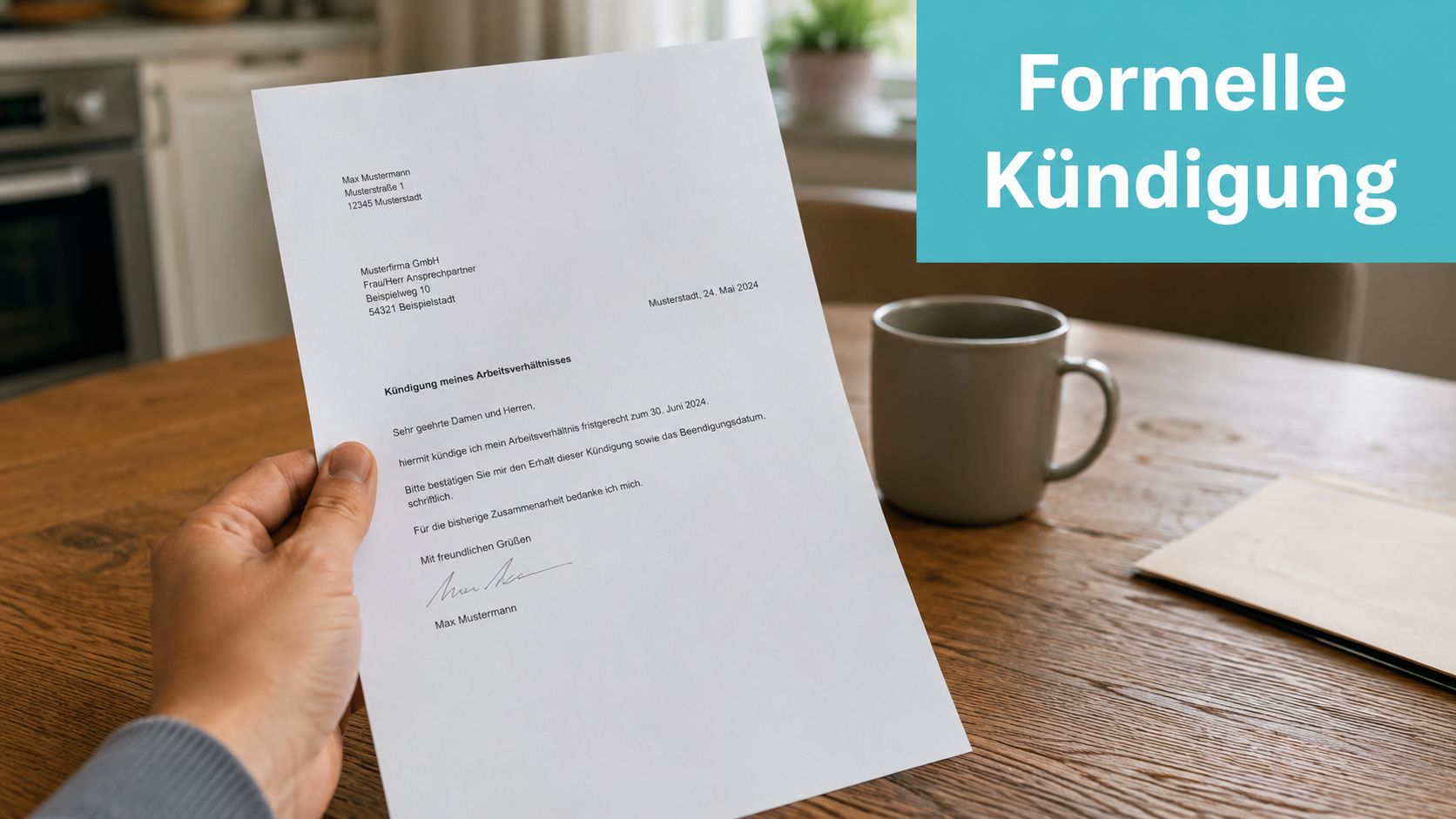 Eine Person hält ein ausgedrucktes formelles Kündigungsschreiben für einen Arbeitsplatz in den Händen über einem Holztisch.