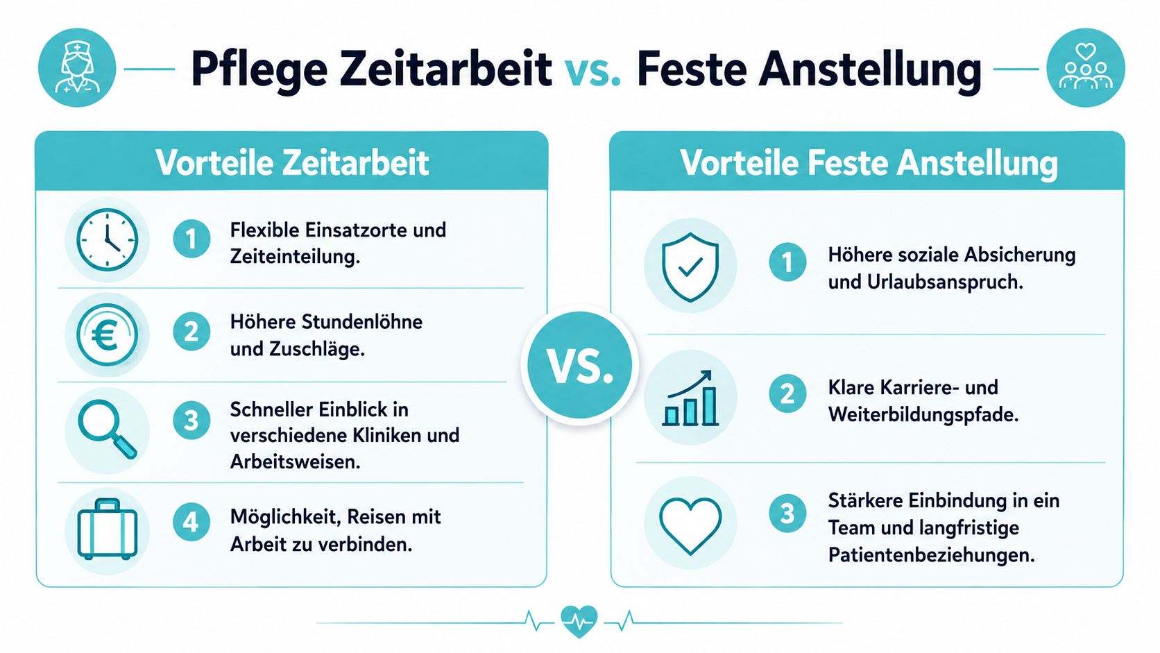 Vergleichsgrafik zwischen Pflege Zeitarbeit und fester Anstellung mit Vor- und Nachteilen für Pflegekräfte in Deutschland.